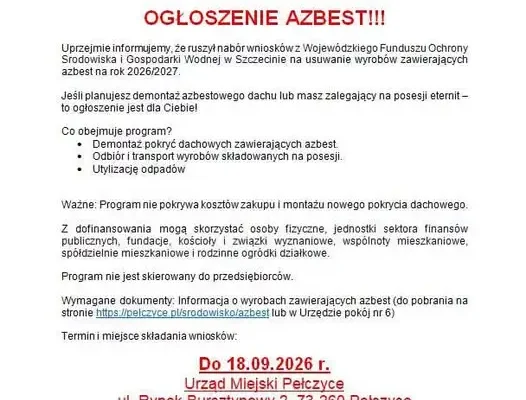 Nabór wniosków na usuwanie azbestu w gminie Pełczyce – do 18 września