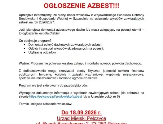 Ostatnie dni na złożenie wniosku o usunięcie azbestu w gminie Pełczyce