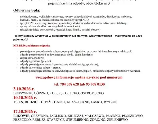 Harmonogram odbioru odpadów wielkogabarytowych, elektroniki, opon i tekstyliów – październik 2026