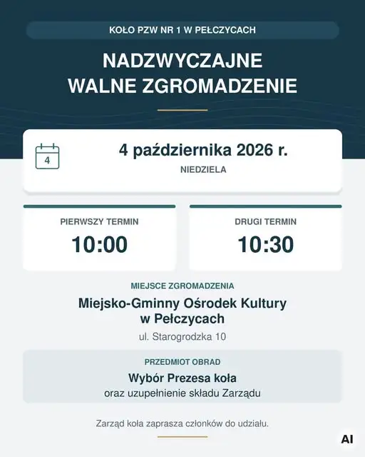 Nadzwyczajne Walne Zgromadzenie Koła PZW nr 1 w Pełczycach – 4 października 2026